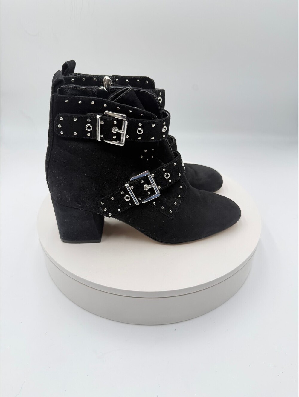 Rebecca Minkoff Logan Black Suede Studded Buckle Ankle Moto Boots 7.5